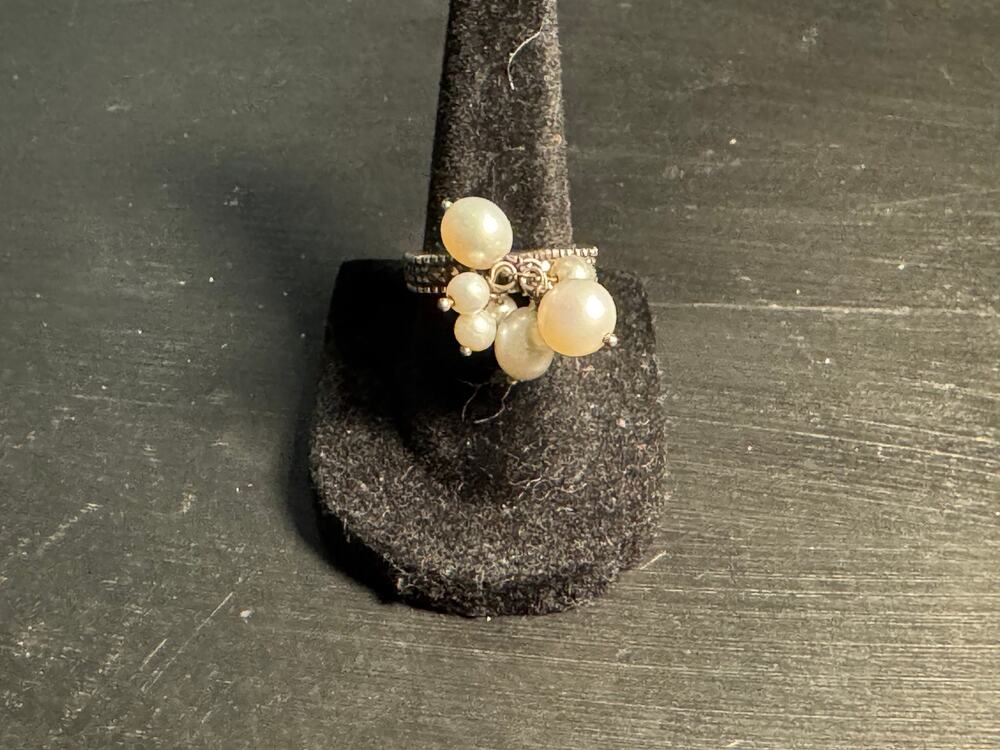 Vintage Sterling Judith Jack Marcasites Dangle Cha Cha Real Pearls Ring Size 6